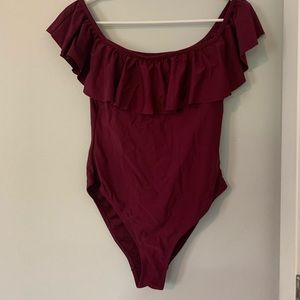 Off Shoulder Burgundy One Piece Swim Suit